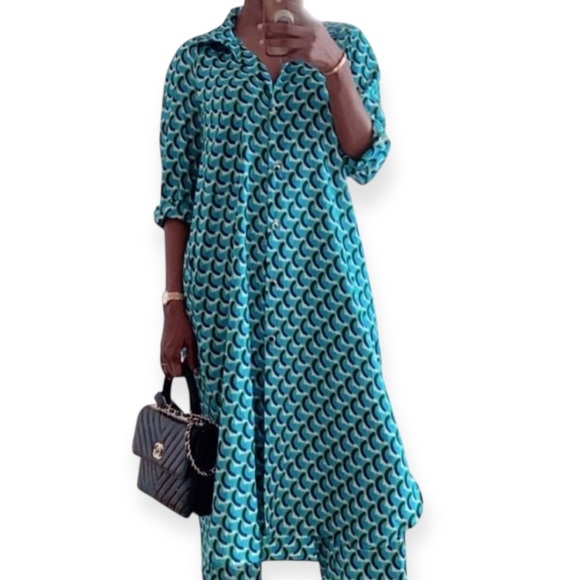 ZARA retro geometric print long sleeve button down shirt dress OVERSIZED Small - Picture 12 of 12